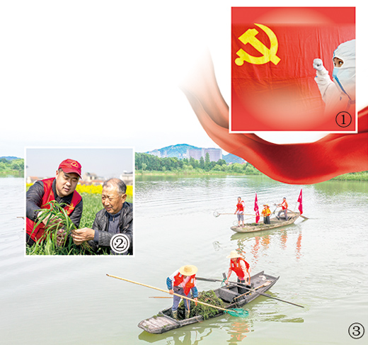 图①:疫情防控期间,河北宣化一名青年护士火线入党。 陈晓东摄 图②:江苏淮安党员志愿者深入田间地头,帮助村民察看小麦生长情况。 翟慧勇摄 图③:浙江长兴党员干部带头巡河治湖,努力打造美丽太湖。 吴 拯摄